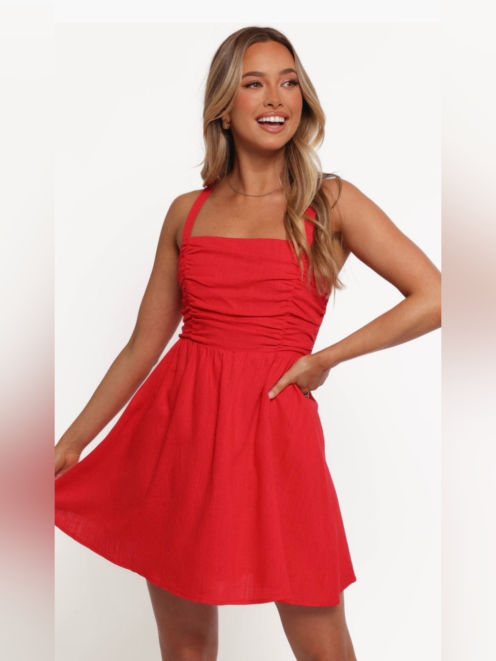 Petal & Pup Red Ruched Mini Dress
